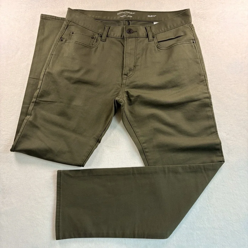 Banana Republic Men Travel Jeans 32X30 Olive Green Chino Slim Fit Stretch Casual